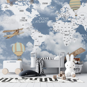 Tapeta do pokoju dziecka Mapa Świata Retro - Samoloty i Balony 2