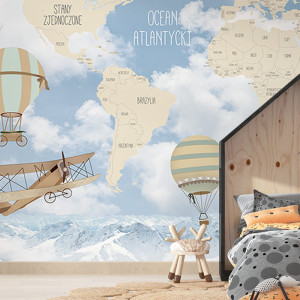 Tapeta do pokoju dziecka Mapa Świata Retro - Samoloty i Balony