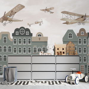 Tapeta do pokoju dziecka Retro Samoloty i Miasto