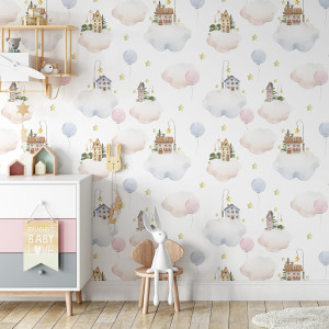 Tapeta do pokoju dziecka Domki na chmurce