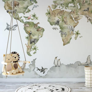 Tapeta do pokoju dziecka Mapa świata – zwierzęta