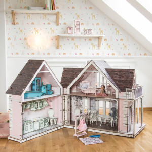 Drewniany domek dla lalek Pink + dobudówka