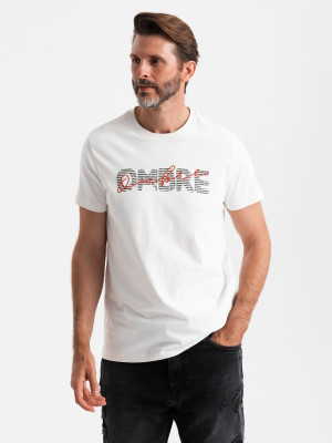 Bawełniany męski t-shirt z podwójnym printowanym logotypem – biały V1 OM-TSPT-0211