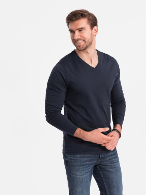 Męski longsleeve bez nadruku z dekoltem w serek - granatowy V5 OM-LSBL-0108