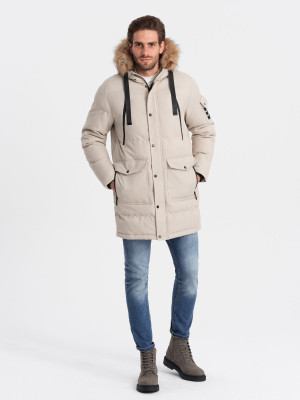 Kurtka męska parka zimowa - beżowa V5 OM-JALJ-0132