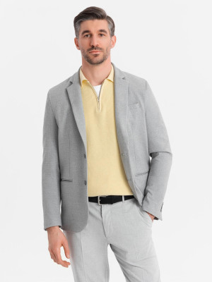 Marynarka męska elegancka z dekoracyjnymi guzikami na mankietach -  szara V2 OM-BLZB-0114
