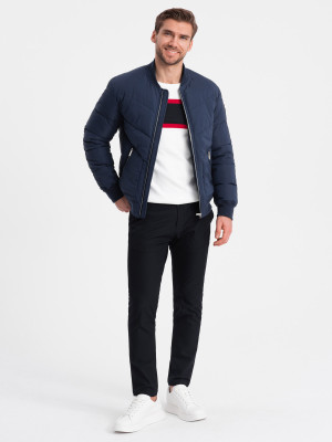 Kurtka męska bomberka pikowana z metalowymi zamkami - granatowa V2 OM-JALP-0143