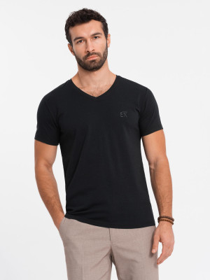 T-shirt męski V-neck SLIM FIT z elastanem i printem  – czarny V1 OM-TSBC-0221