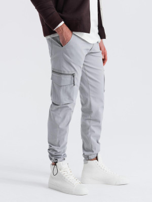 Męskie spodnie STRAIGHT LEG cargo z trójkątnym pinem na kieszeni – szare V3 OM-PACG-0196