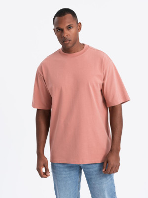 Bawełniany t-shirt męski LOOSE FIT  z okrągłym dekoltem – różowy V5 OM-TSBC-0234