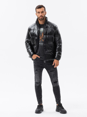 Kurtka męska zimowa puffer błyszcząca - czarna V1 C545