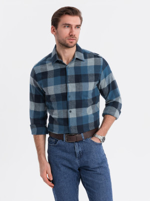 Koszula męska flanelowa w kratę - niebieska V4 OM-SHCS-0150