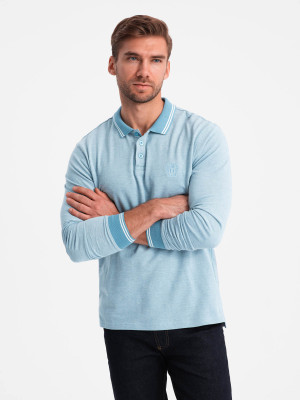 Melanżowy longsleeve męski polo z haftem – niebieski melanż V3 OM-POLS-0129