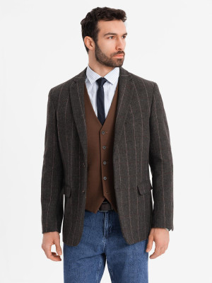Męska elegancka marynarka w kratkę z domieszką wełny – ciemnobrązowa V3 OM-BLZB-0137