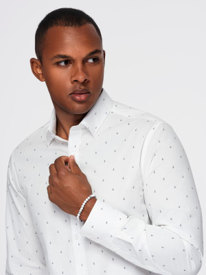 Klasyczna męska bawełniana koszula SLIM FIT w kotwice - biała V3 OM-SHCS-0156