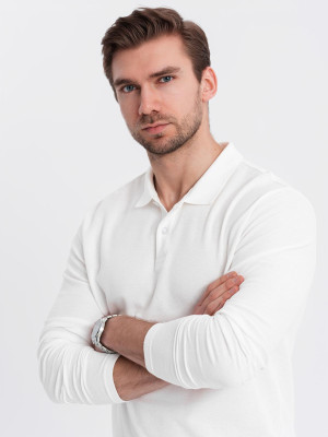 Longsleeve męski BASIC z kołnierzykiem polo – biały V1 OM-POBL-0114
