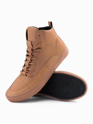 Męskie buty sneakersy za kostkę z ozdobnymi zakładkami – brązowe V3 OM-FOSH-0176