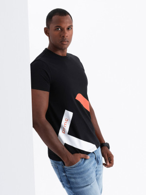 Bawełniany męski t-shirt z kontrastowym dwukolorowym printem – czarny V1 OM-TSPT-0219