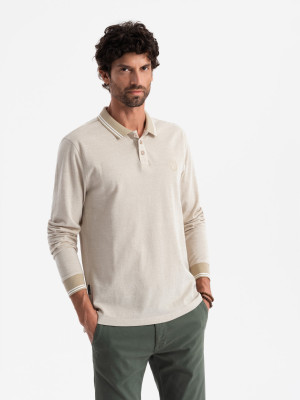 Melanżowy męski polo longsleeve z haftem – piaskowy melanż V4 OM-POLS-0129