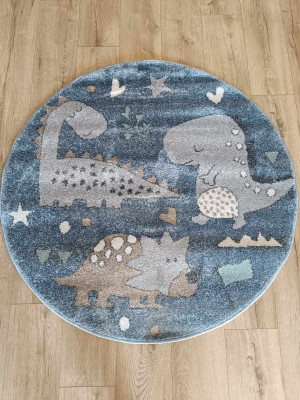 Gruby, tani, miękki dywan nowoczesny, dinozaury-niebieski, koło 120cm