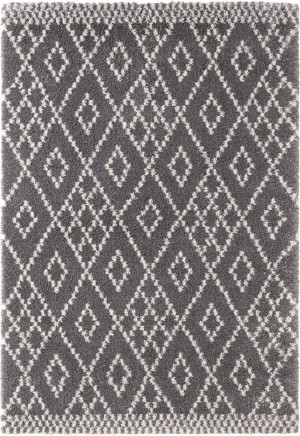 Szaro kremowy gruby dywan SHAGGY do salonu, wzór boho, Mint Rugs Chess 80x150cm