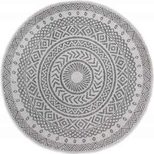 Dywan okrągły 160cm na taras, płasko tkany zewnętrzo-wewnętrzny,kremowo zielony wzór BOHO- NORTHRUGS GIRO