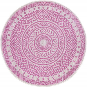 Dywan okrągły 160cm na taras, płasko tkany zewnętrzo-wewnętrzny,kremowo różowy wzór BOHO NORTHRUGS