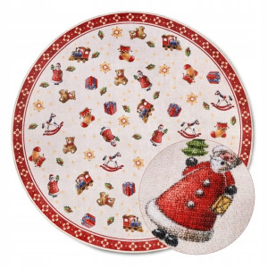 Dywan okrągły 150cm antypoślizgowy pod choinkę,VILLEROY&BOCH świąteczny czerwono czerwono kremowy, płasko tkany