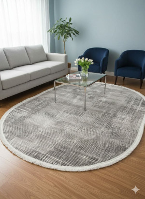 Dywan do salonu owalny 150x230cm, szaro kremowy z frędzlami