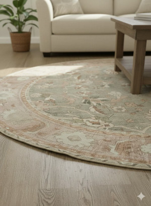 Dywan okrągły vintage 160 cm beżowo-zielony przecierany boho retro