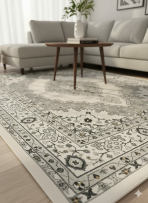 Dywan kwadratowy ALLEGRO ALG-13 240x305 cm – klasyczny wzór, odcienie szarości i kremu