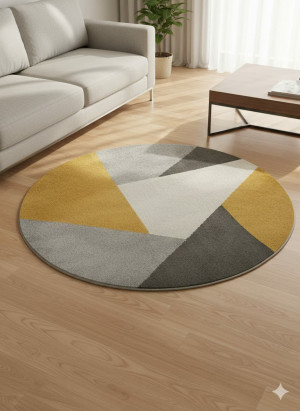 Dywan Okrągły Geometryczny Musztarda Szary Biały 140x140 cm – Nowoczesny Design