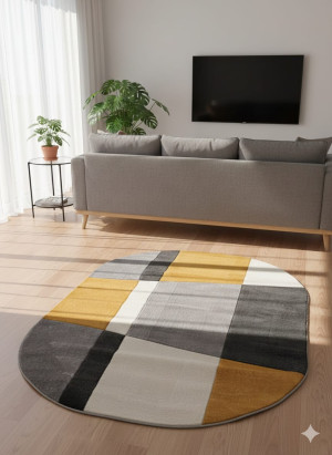 Dywan owalny nowoczesny PALAVAN 160x230 cm musztardowy szary bialy geometryczny 5 mm