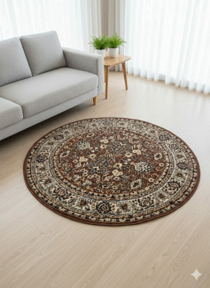 Dywan Okrągły Klasyczny Orientalny 160cm Brąz / Beż – Elegancki Styl Perski, Gęste Runo