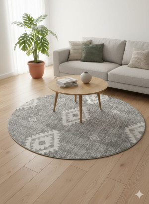 Dywan okrągły 120 cm szaro-kremowy – wzór geometryczny