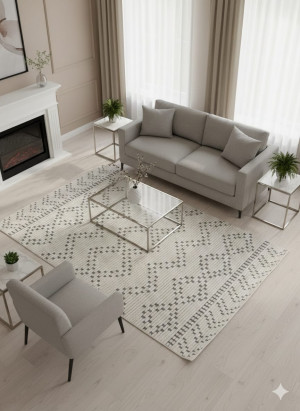 Dywan YAREN CARPET 120×160 cm – kremowo-biały z szarym wzorem, styl boho