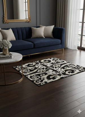 Dywan dekoracyjny 100x100 cm czarno-kremowy – elegancki wzór ornamentowy Durkar