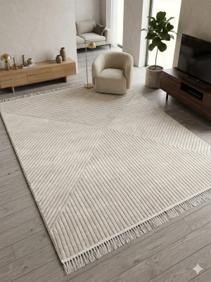 Dywan 220x320 cm kremowy – nowoczesny geometryczny wzór, miękki z frędzlami