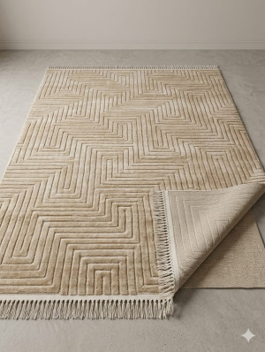 Dywan nowoczesny TOPKAPI – beżowy, geometryczny wzór 3D, frędzle, 220x320 cm