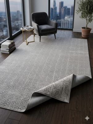 Dywan nowoczesny PROVIDENCE ONIX GREEK GREY – szary/beżowy, wzór grecki, 240x270 cm