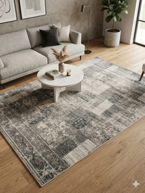 Dywan nowoczesny szaro-beżowy 240x290 cm – styl vintage / patchwork