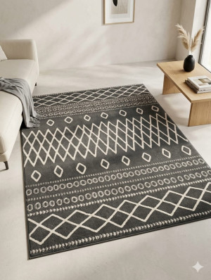 Dywan etniczny grafitowo-kremowy 110x160 cm – wzór boho / aztecki, styl nowoczesny