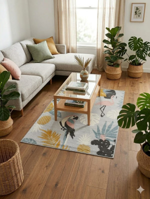 Dywan dziecięcy 90x135 cm flamingi tukany tropikalny – miękki, kolorowy, nowoczesny