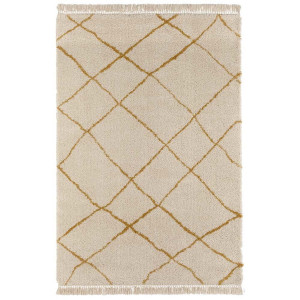 Beżowo zółty gruby dywan Shaggy z frędzlami,wzór boho Mint Rugs Primrose 80x150cm