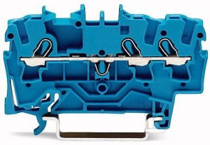 Złączka 3-przewodowa przelotowa 2,5 mm do zastosowań Ex e II oraz Ex i opis z boku i na środku na szynę TS 35 x 15 i 35 x 7,5 Push-in CAGE CLAMP 2,50