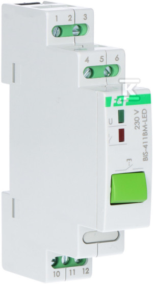 Przekaźnik bistabilny BIS-411BM-LED z przyciskiem do sterowania ręcznego, pamięcią, montaż na szynie DIN, 230V, z przekaźnikiem inrush 160A/20ms