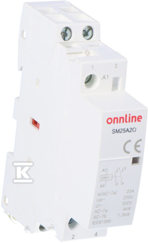Модульний контактор, контакти 2NO, I=25A, напруга котушки U=230V AC, 1 модуль ONNLINE SM25A2O