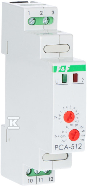 Przekaźnik czasowy PCA-512 jednofunkcyjny - awersyjny (opóźnione rozłączanie), styk: 1P, U=230V, I=10A, 1 moduł