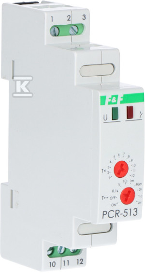 Przekaźnik czasowy PCR-513 jednofunkcyjny-rewersyjny(opóźnione załączanie), styki: 1P, U=230V, I=10A, 1 moduł