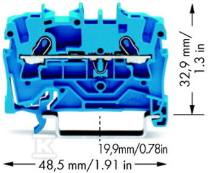 Złączka 2-przewodowa przelotowa 1,5 mm do zastosowań Ex e II oraz Ex i opis z boku i na środku na szynę TS 35 x 15 i 35 x 7,5 Push-in CAGE CLAMP 1,50